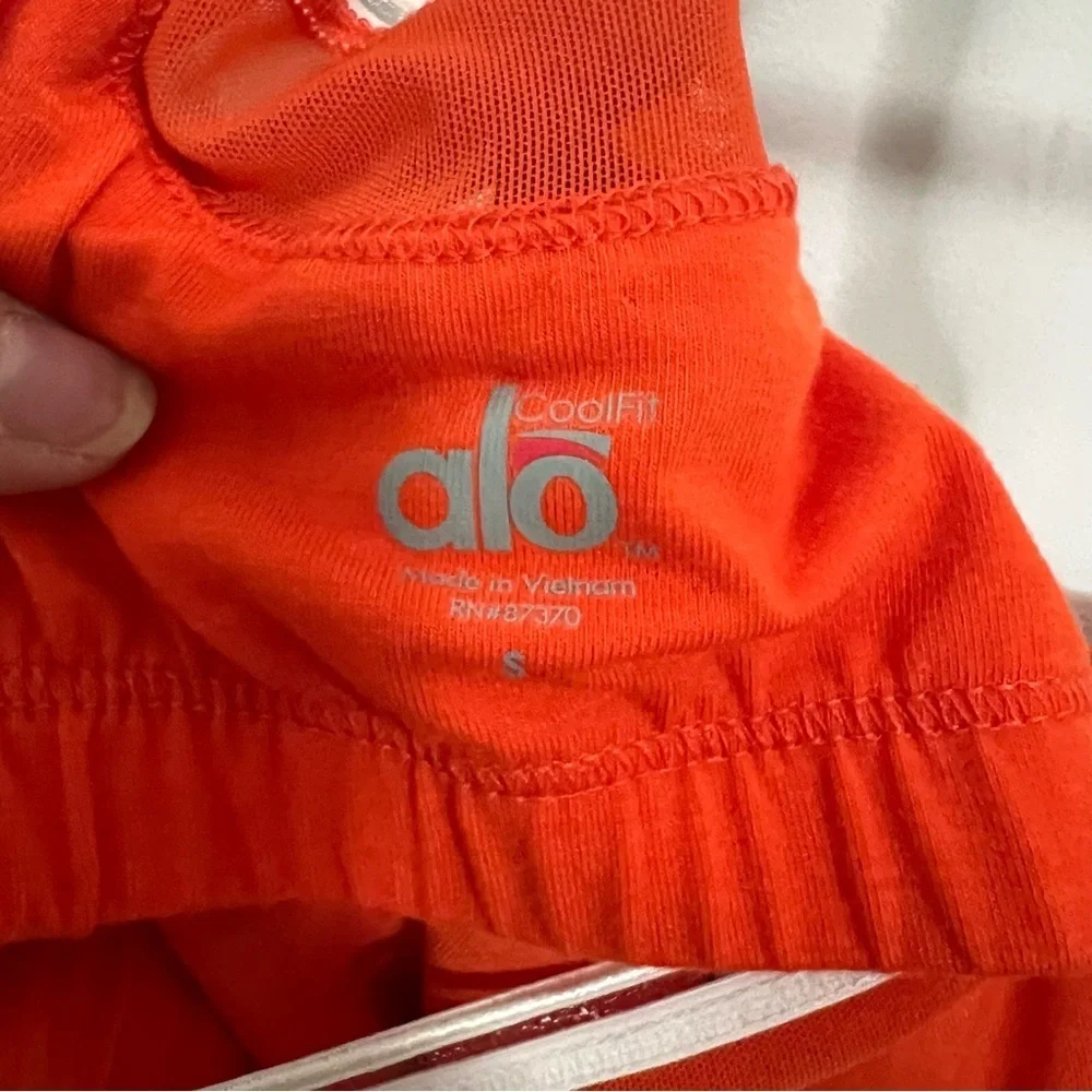 ALO Yoga Orange Workout Tank with White Criss Cross Straps Mesh Workout Athletic